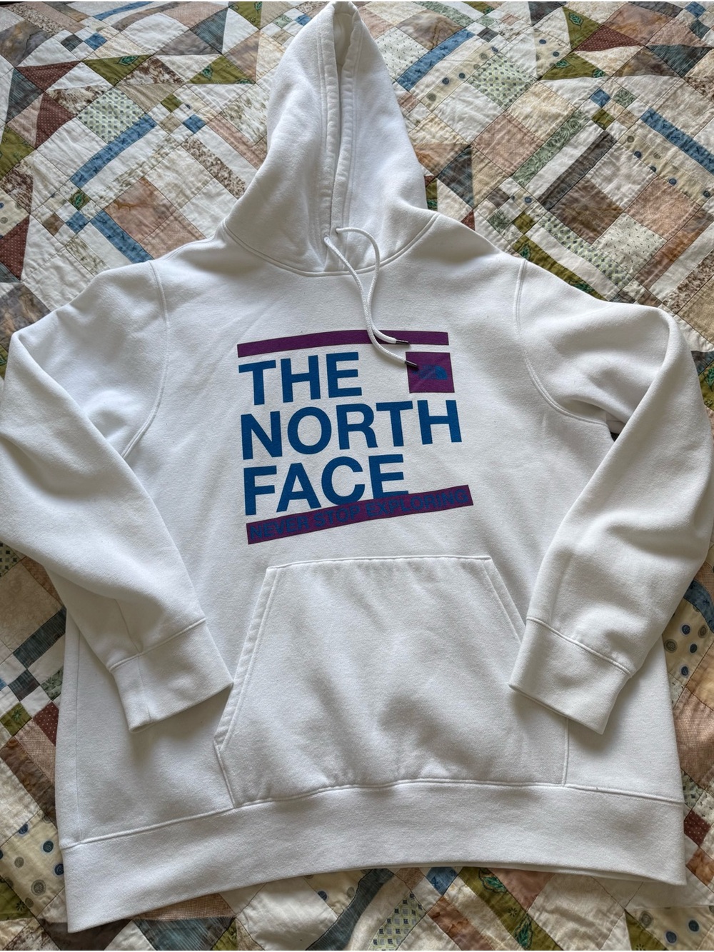 The North Face White Hoodie with Blue & Purple Logo